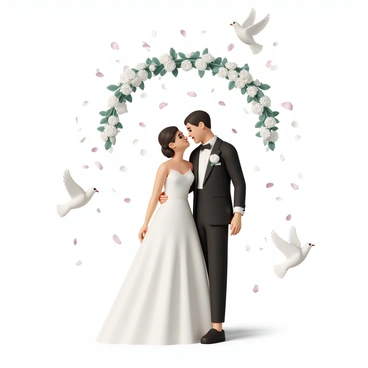 A wedding scene featuring a bride and groom standing together under an arch decorated with white flowers and greenery. The bride is wearing a flowing white gown with lace details, while the groom is dressed in a classic black tuxedo with a white shirt and black bow tie. Surrounding them are illustrated doves, gracefully flying and perched on the arch. Flower petals in shades of pink and white are gently falling from above, creating a romantic atmosphere. The happy couple gazes into each other’s eyes, surrounded by friends and family celebrating their special day.