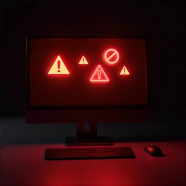 A computer screen displaying a series of bright, flashing red alerts and warning symbols. The screen features various icons, including an exclamation mark in a triangle and a prohibition symbol. The background of the screen is dark, enhancing the visibility of the colorful alerts. The screen is set on a sleek, modern desk, with a keyboard and mouse placed in front of it. The lighting in the room is dim, emphasizing the glowing warnings on the monitor.