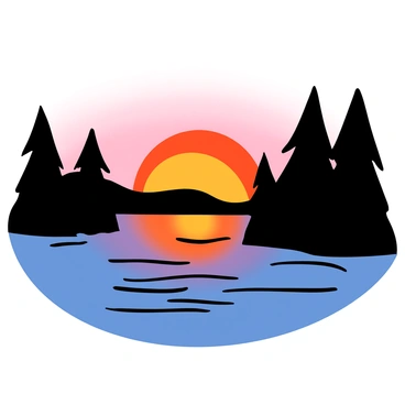 A serene lake with smooth water reflecting the warm hues of a colorful sunset in shades of orange, pink, and purple. Silhouettes of tall pine trees stand along the shoreline, their dark shapes contrasting against the vibrant sky. The scene is calm and peaceful, with gentle ripples in the water capturing the colors of the sunset. The overall atmosphere conveys tranquility and natural beauty.