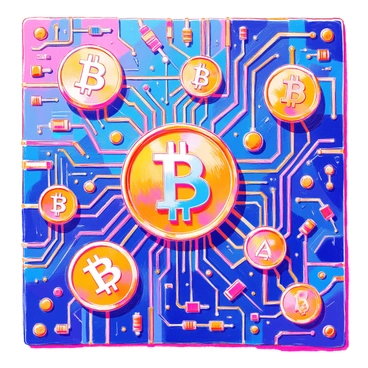 A detailed circuit board is shown, featuring intricate pathways that weave together to form various cryptocurrency logos. The board's surface is shiny and metallic, showcasing a range of colors including blue, green, and gold. Each logo is prominently displayed, intricately integrated into the pathways. Small components like resistors and capacitors are scattered throughout, adding texture and complexity to the design. The overall composition highlights the technological theme associated with cryptocurrencies.