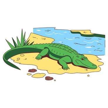 A green Nile crocodile is basking on a yellow sandy riverbank under the bright sun. The crocodile's scaly skin glistens, reflecting the sunlight. Around the riverbank, there are patches of lush green grass and a few scattered stones. The river is visible in the background, with calm blue water gently flowing past, and the crocodile's long tail extends into the water, creating ripples. The scene conveys a sense of tranquility in the warm environment.