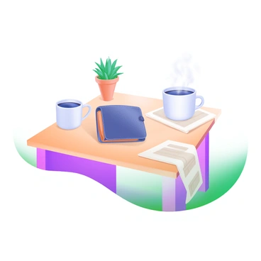 A modern coffee table made of light wood features a "wallet" casually resting on its surface. Beside the wallet is a "steaming cup of coffee" in a simple white ceramic mug. The table is adorned with a small "succulent plant" in a terracotta pot and a folded "newspaper" partially visible near the edge. The warm tones of the coffee and the soft texture of the wallet create a cozy atmosphere.