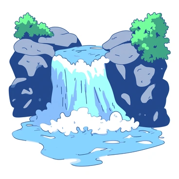 A waterfall cascades over rugged, gray rocks, with streams of water flowing in a powerful rush. The water is illuminated by a soft, ethereal blue light that gives it a magical appearance, contrasting against the natural texture of the stones. Mist rises from where the water crashes down, creating a shimmering effect in the air. Surrounding the scene, lush green foliage frames the waterfall, adding depth and vibrancy to the composition.