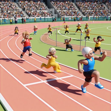 A vibrant scene set during a sports day event filled with various athletic activities. Anions, depicted as colorful, anthropomorphic characters, take part in different competitions. One anion, in a red jersey, is sprinting down the track with determination. Another anion, wearing a blue tank top, is leaping over a high jump bar, showcasing agility. Nearby, a group of anions in yellow shirts is engaged in a relay race, passing a baton with excitement. In the background, spectators cheer from the sidelines, adding to the lively atmosphere. The bright colors and dynamic poses emphasize the competitive spirit of the event.