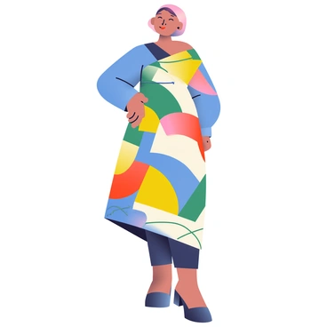 A woman is wearing an asymmetrical dress featuring various cubist patterns in bold colors such as blue, yellow, red, and green. The dress has one long sleeve and an off-shoulder design, highlighting her neckline. The fabric appears textured, with geometric shapes overlapping and interacting throughout the garment. The woman is standing confidently, with one hand on her hip, and her short hair is styled in a sleek bob. She is set against a soft gradient background, enhancing the vibrant colors of the dress.