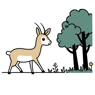 A slender gazelle with a light brown coat and white underbelly is cautiously stepping forward. Its large, expressive eyes are focused on the edge of a dense forest. Surrounding the gazelle, there are tall grasses and scattered wildflowers, creating a natural frame. The trees of the forest are tall and thick, with dark green leaves, forming a contrast to the gazelle's lighter colors. The scene captures the moment of tension as the gazelle prepares to enter the shadows of the trees.