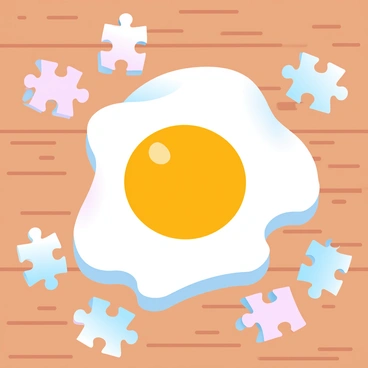 A jigsaw puzzle is spread out on a wooden table, with various pieces scattered around. The completed image within the puzzle shows a fried egg, with the bright yellow yolk in the center and the white surrounding it. The wooden table has visible grain patterns and a warm tone, enhancing the cozy feel of the scene. Some puzzle pieces are flipped over, revealing their plain backs, while others are connected, forming the distinct shape of the fried egg.