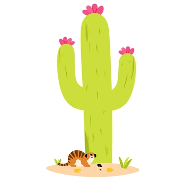 A large green cactus with a tall, cylindrical trunk and spiky arms stretches upwards. The cactus is covered in vibrant, pink flowers blooming at the top. Underneath the cactus, a small desert animal, resembling a brown and white striped meerkat, is sitting in the shade. The sandy ground is dotted with a few small pebbles and sparse patches of grass. The bright sun casts warm light across the scene, highlighting the colors of the flowers and the fur of the animal.