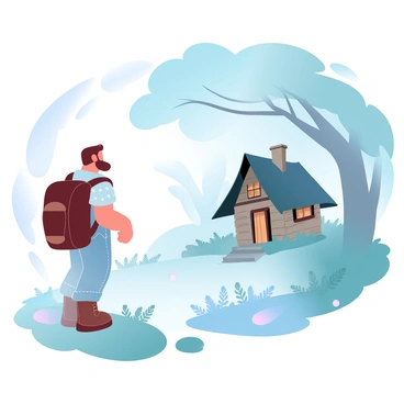 A vagabond is standing in a misty woodland, looking at a hidden, rustic cabin nestled among the trees. The cabin is made of weathered wood with a thatched roof, surrounded by lush greenery and delicate ferns. Wisps of fog weave through the trees, creating an ethereal atmosphere. The vagabond is carrying a worn backpack and wearing tattered clothing, with an expression of wonder as they take in the scene. Soft rays of light filter through the mist, illuminating parts of the cabin and the forest floor.