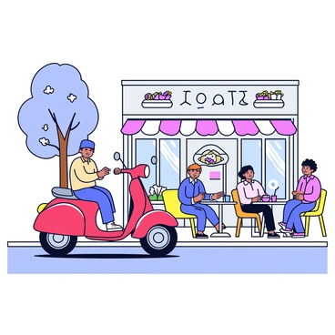 A big moped parked outside a quaint street-side café with people enjoying their coffee