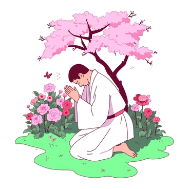A person dressed in white robes is kneeling in prayer on a soft green grass patch in a vibrant garden. Around them, various flowers are in full bloom, creating a colorful display. Above, a cherry tree with pink blossoms is extending its branches, casting gentle shadows on the ground. The person's hands are clasped together, and their head is bowed in deep contemplation. Butterflies are fluttering nearby, adding to the peacefulness of the scene.