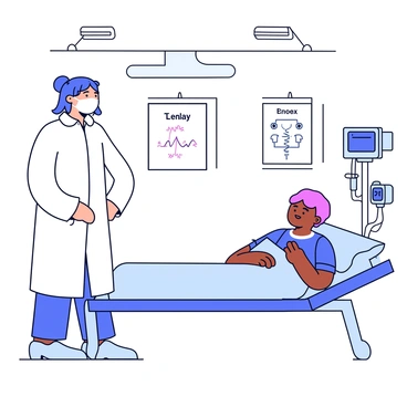 A healthcare worker is wearing a full set of protective equipment, including a white gown, gloves, a mask, and a face shield. The worker is standing beside a hospital bed where a TB patient is lying down, looking weak but alert. The patient is wearing a hospital gown and has a small blanket pulled up to their chest. Medical equipment such as an IV stand and a heart rate monitor are visible next to the bed. The room is well-lit with bright overhead lights, and a poster about tuberculosis awareness is hanging on the wall.