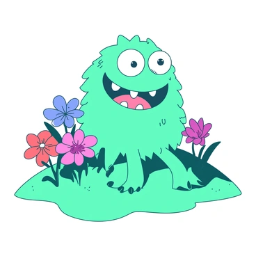 A teal friendly monster with bulging eyes and a big grin is sitting on a hill. The monster's skin is textured and slightly furry, adding to its playful appearance. Surrounding the monster, there are oversized flowers in vibrant colors, each flower with large petals and detailed centers. The hill is gently sloped and covered in lush green grass, providing a soft backdrop for the scene. The sky above is clear, enhancing the cheerful atmosphere of the setting.