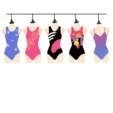 A showcase featuring colorful leotard designs inspired by "Simone Biles' style." The display includes five distinct leotards, each with a unique pattern and color scheme. The first leotard is bright blue with shimmering silver stars scattered across the fabric. The second one is a vibrant pink adorned with swirling designs in gold. The third features a bold black background with large multicolored geometric shapes. The fourth is a striking red with white stripes along the sides. The final leotard is a gradient of purple and blue, with glitter that sparkles in the light. Each leotard is displayed on a mannequin with a dynamic pose, emphasizing the movement and grace of gymnastics.