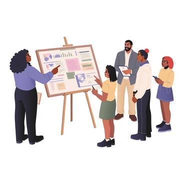 A diverse group of five people is gathered inside a community hall, engaging in discussions about local policies. The first person is a woman with dark skin and long curly hair, wearing a blue blouse and black trousers. The second person is a man with light skin and a beard, dressed in a gray sweater and jeans. The third person is a woman with medium skin and short straight hair, wearing a green dress and white cardigan. The fourth person is a man with dark skin and shaved hair, in a white shirt and beige chinos. The fifth person is a woman with light skin and red hair tied in a bun, wearing a yellow top and denim skirt. They are all facing a large poster board adorned with colorful graphs and text, which is placed prominently on an easel in front of them. The atmosphere is collaborative, with some people pointing at the board, while others are taking notes on clipboards.