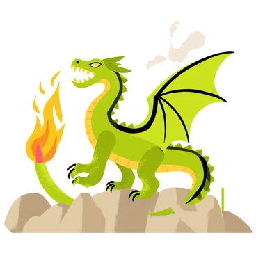 A majestic dragon with shimmering emerald scales and large, powerful wings is positioned in the center of the image. The dragon's fierce eyes glow with a vibrant golden hue. It opens its mouth wide, releasing a torrent of bright orange flames that swirl and twist around its body. The fire illuminates the surrounding area, creating a dynamic contrast with the dragon's scales. The background features a rocky landscape with scattered boulders and hints of smoke rising into the air, enhancing the drama of the scene.