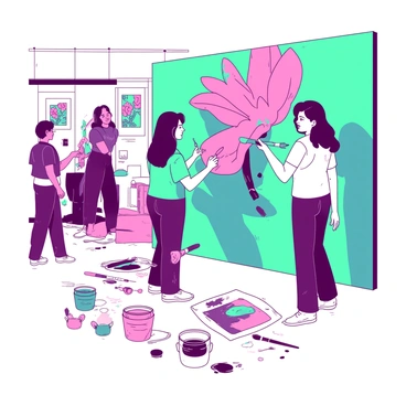 Two women are standing side by side in a community art space, working on a large mural. One woman has long dark hair and is wearing a teal t-shirt, while the other has short blonde hair and is dressed in a white tank top. They are both focused on their work, using paintbrushes to apply bold colors to the wall. The mural features vibrant images of flowers and abstract shapes. A variety of paint containers and brushes are scattered around them on the floor. The background includes other art supplies and a few people observing their collaboration.