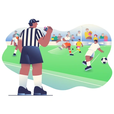 A referee with medium brown skin and short black hair is standing on the sideline of a sports field, holding a whistle in their right hand. The referee is wearing a black and white striped uniform, with a black cap on their head. They have a focused expression as they watch the game intently. In the background, players in colorful jerseys are engaged in a fast-paced match, with a soccer ball in motion towards the goal. Bright green grass covers the field, and there are spectators in the stands cheering for their teams.