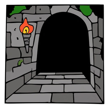 A lone torch with a flickering flame is mounted on a stone wall in an ancient corridor. The corridor has rough, weathered stone walls that exhibit signs of age, with cracks and moss growing in the crevices. Shadows dance along the walls, created by the torchlight illuminating the surroundings. The floor is made of uneven stones, leading deeper into the dark passageway. The atmosphere is filled with a sense of mystery and history, evoking the feeling of an unexplored place.