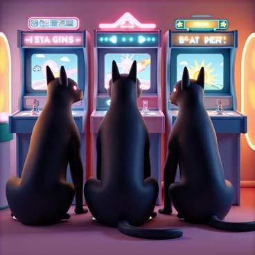 A three-headed Cerberus, featuring sleek, shiny black fur and glowing red eyes, is seated in front of a row of arcade game machines. Each head is fixated on a different screen: the left head, with its ears perked, is intently watching a fast-paced racing game; the middle head is growling softly, focused on a shooting game with vivid explosions on the screen; and the right head is eagerly watching a classic platformer, its eyes wide in excitement. The game room is filled with colorful neon lights and the sounds of beeping machines, creating a lively atmosphere around the unique gaming trio.
