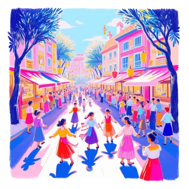 A lively street festival scene includes groups of people dancing joyfully. The dancers are wearing brightly colored costumes, with ribbons and streamers flowing as they move. Colorful decorations adorn the street, with banners and lanterns hanging from nearby buildings. Stalls lined along the street display various foods and crafts, bustling with visitors. In the background, trees and buildings are decorated with lights, creating a festive atmosphere.