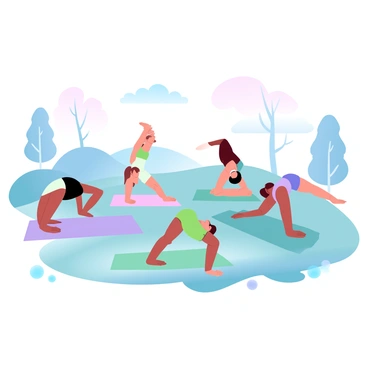 A group of individuals is practicing yoga poses on colorful mats spread out on a grassy area. Each individual is in a distinct yoga pose, showcasing various postures that reflect focus and balance. The background features soft, gradient pastel colors that blend harmoniously, enhancing the peaceful atmosphere. Nearby, there are a few trees and gentle hills that add to the natural setting. Some individuals are in seated poses, while others are stretching or standing in dynamic positions.