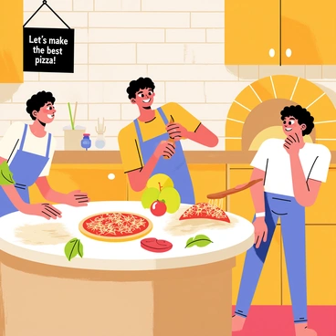 A rustic kitchen with wooden cabinets and stone walls is filled with the aroma of freshly baked pizza. In the center, a round wooden table is covered with flour and ingredients. Three friends are actively engaged in the process: one friend is kneading the dough, their hands dusted with flour, while another is spreading tomato sauce onto a pizza base with a wooden spoon. The third friend is sprinkling shredded cheese over the sauce, a smile on their face. Fresh basil and colorful vegetables are scattered around the table. In the background, a brick oven can be seen, glowing with warmth. "Let's make the best pizza!" is written on a chalkboard hanging on the wall.