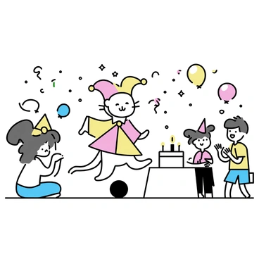 A cat wearing a colorful jester outfit with bells is balancing on a small ball. The jester outfit features a pattern of alternating red and yellow triangles. Around the cat, there are playful decorations, such as balloons and a birthday cake with candles on a table nearby. The cat is looking at a small audience of children who are clapping and cheering in delight. One child is wearing a party hat, and there are colorful streamers hanging from the ceiling.