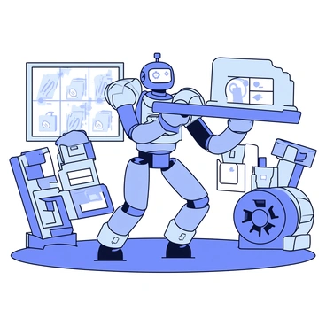 A futuristic robot with a sleek metallic body and glowing blue accents is lifting a large piece of heavy machinery. The robot has articulated arms equipped with powerful hydraulic systems, showcasing its strength. Surrounding the robot are various advanced machines and tools, all designed with a modern aesthetic. The factory has bright, energy-efficient lighting and large windows that allow natural light to stream in, illuminating the scene.