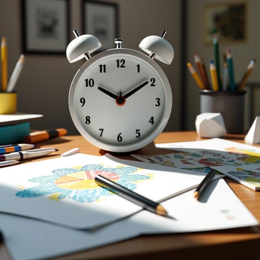 An alarm clock with a round face and large, visible numbers is positioned prominently on a cluttered artist's desk. The clock displays the time as it counts down, with the second hand visibly moving. The desk is covered with various art supplies, including colored pencils, paintbrushes, and sketch pads. A half-finished illustration, featuring vibrant colors and intricate details, lies on the desk, while crumpled papers are scattered around. The atmosphere captures a sense of urgency, with soft light illuminating the scene, highlighting the tools of creativity and the impending deadline.