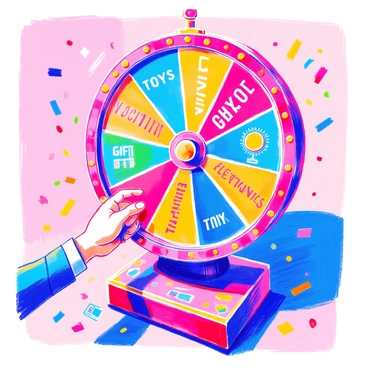 A colorful spinning reward wheel is displayed prominently. The wheel features various segments, each showcasing a different prize such as "Gift Card," "Toys," "Cash," "Vacation," and "Electronics." The segments are brightly colored in reds, blues, greens, and yellows. The wheel is mounted on a sturdy base, and there are confetti pieces scattered around the base, adding to the festive atmosphere. A hand reaches out to spin the wheel, creating a sense of anticipation.