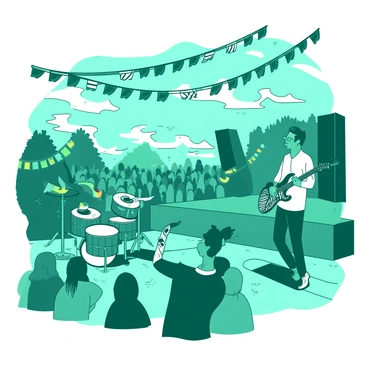 A teal festival scene is bustling with energy as musicians perform on a small stage. Each musician is playing an instrument crafted from film rolls. One musician is holding a guitar made entirely of spiraled film strips, while another plays a drum set constructed from stacked film canisters. The crowd in front of the stage is dancing and enjoying the vibrant atmosphere, with colorful lights illuminating the space. Banners made of more film rolls are hanging above, fluttering gently in the breeze. The excitement and creativity of the festival are palpable.