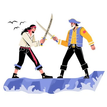 Two pirates are engaged in an intense sword duel on a rocky cliffside. The first pirate has long, flowing black hair and wears a tattered red bandana. He wields a shiny cutlass with intricate engravings along the blade. The second pirate, with a scruffy beard and a weathered tricorn hat, holds a gleaming saber, ready to parry the attack. The waves crash against the rocky shore below, and seagulls can be seen flying overhead, adding to the tension of the scene. Both pirates display fierce expressions, showcasing their determination in the fight.