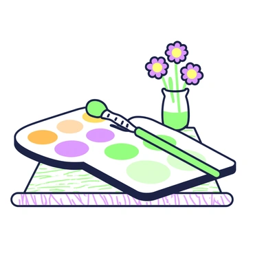 An artist's palette is laid out on a wooden table. The palette is shaped like an oval and made of a smooth material. Various sections on the palette are filled with different colors resembling the hues of calendula petals and leaves. A green brush is resting across the top of the palette. In the background, there is a small vase holding a few calendula flowers with vibrant petals, creating a lively scene. The table has a textured surface, adding to the artistic atmosphere.
