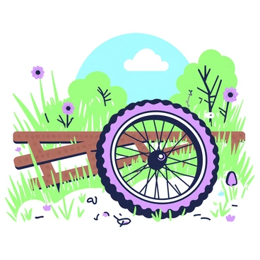 A bike tire is resting on the ground near rusty, abandoned railway tracks. The tracks are surrounded by tall, dry grass and scattered wildflowers, indicating a rural area. In the background, there are overgrown bushes and a few trees that frame the scene. The bike tire is partially covered with dirt, showing signs of age and neglect. The railway ties are worn and warped, with patches of moss growing on them. A blue sky is visible above, adding to the atmosphere of abandonment.