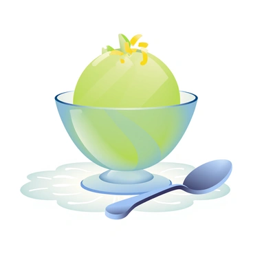 A scoop of bright green lime sorbet is placed in a delicate glass dish that has a subtle swirl pattern. The sorbet is smooth and creamy, with a glossy surface reflecting light. It is garnished with fine shavings of lime zest sprinkled on top, adding a vibrant yellow color contrast. The glass dish is set on a soft white doily, which enhances its elegance. A small silver spoon is positioned beside the dish, ready to serve.