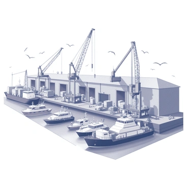 A busy port with numerous ships of all sizes docked and maneuvering in the water. The scene includes large cargo vessels loaded with containers, smaller fishing boats returning with their catch, and luxury yachts moored nearby. Dockworkers are actively unloading goods from the ships, while others are seen tending to their boats. Cranes tower above, lifting heavy cargo from the docks. The sky is filled with seagulls flying overhead, adding to the bustling atmosphere. Warehouses line the waterfront, showcasing various large doors open for loading and unloading activities.