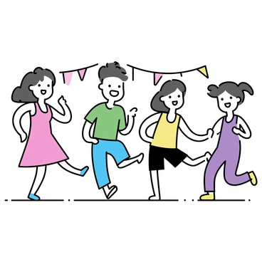 A group of four dancers is positioned in a lively street setting. Each dancer is wearing colorful outfits: one in a bright red dress, another in a green shirt and blue pants, the third in a yellow tank top and black shorts, and the last in a purple jumpsuit. They are all kicking their legs in perfect synchronization, each with an enthusiastic expression. The background features festival decorations such as strings of lights and banners, adding to the vibrant atmosphere.