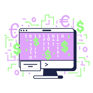 A digital screen is prominently displayed, showcasing streams of binary code cascading downwards. The binary digits are interspersed with various currency symbols, such as dollar signs and euro signs, flowing alongside the code. The screen is surrounded by a sleek, modern frame, and the glow of the digits and symbols creates a vibrant, dynamic effect. In the background, faint outlines of circuit patterns can be seen, adding to the technological atmosphere.