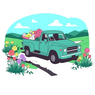 A teal junk truck is driving down a white country road surrounded by vibrant wildflowers. The truck has an open back filled with various discarded items, and the sun is shining brightly, illuminating the colorful flowers on either side of the road. The wildflowers sway gently in the breeze, creating a lively contrast against the sturdy truck. In the background, rolling green hills can be seen under a clear blue sky.
