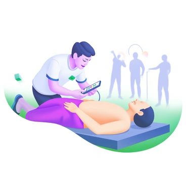 A person kneeling on the ground is performing CPR on a patient lying on a flat surface. The individual is focused and determined, with one hand placed on the patient's chest and the other using a phone to call emergency services. The patient's face shows signs of distress, while the background features a few blurred bystanders watching the scene unfold. The colors are soft and pastel, creating a modern illustration of this urgent moment.