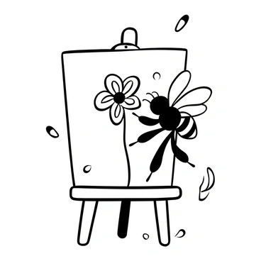 A honeybee positioned on a blank canvas, utilizing its legs to create intricate patterns resembling a beautiful flower. The flower has detailed petals and a central structure, meticulously crafted by the bee's movements. The canvas sits on an easel, and there are drops of paint around it, suggesting a creative process in action. The bee's wings are slightly spread as it concentrates on its artwork.