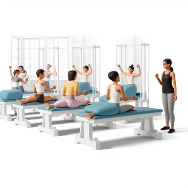 A group of women in a bright, airy studio is participating in a pilates class. They are using reformer machines, each reformer featuring a blue padded surface. Some women are performing lateral raises with small, colorful weights in their hands. The instructor, wearing a black tank top and gray leggings, is demonstrating proper form at the front of the class. Each participant is focused on their movements, maintaining proper posture and balance, with some providing encouragement to one another. The sunlight streams through large windows, illuminating the room and creating a vibrant atmosphere.