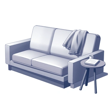 A couch positioned in the center of a dimly lit living room. The couch has a simple design, featuring soft cushions that appear slightly worn. A blanket is thrown carelessly over one armrest, its texture ruffled as it drapes down the side. The room has shadowy corners, with faint outlines of furniture and a subtle sense of emptiness. A small side table stands near the couch, holding an untouched book and a cup, adding to the atmosphere of solitude. The overall scene conveys a feeling of stillness and reflection.