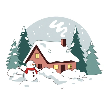 A white snowy cottage is nestled among tall evergreen trees, covered in a thick layer of white snow. The cottage has smoke gently rising from the chimney, indicating a warm fire inside. Soft, golden light spills from the windows, creating a welcoming ambiance. In front of the cottage, a small snowman with a red scarf stands proudly, surrounded by freshly fallen snow. Flurries of snowflakes fall softly from a gray sky above, adding to the cozy winter atmosphere.