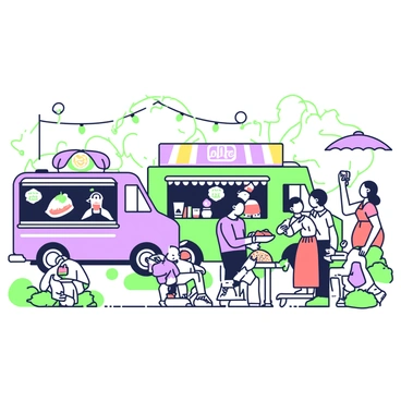 A bustling food truck festival takes place in a park setting, filled with people enjoying various street foods. Colorful food trucks are parked in a row, each decorated with unique designs and menus displayed prominently. Groups of people are gathered around the trucks, some waiting in line, while others are seated at small tables with umbrellas. A man in a blue shirt is holding a plate of tacos, and a woman in a red dress is sipping a drink through a straw. Nearby, children are laughing and sharing cotton candy, and a couple is taking a selfie with a large ice cream cone. String lights hang overhead, creating a festive atmosphere.