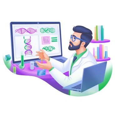 A modern pastel illustration depicting a researcher examining DNA sequences on a digital screen. The screen displays colorful, intricate DNA sequence patterns in bright shades. The researcher is holding a 3D model of DNA strands, with a helical structure, in their left hand. They are wearing a white lab coat and safety glasses. Surrounding the researcher are lab equipment like pipettes, test tubes, and a laptop. A bookshelf filled with scientific books is visible in the background.