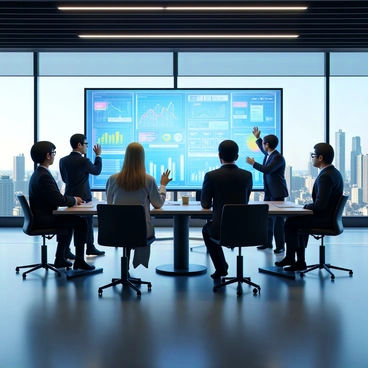 A futuristic business model canvas displayed in a sleek, modern conference room. The canvas is large and semi-transparent, with digital holographic elements projecting various business metrics and visuals. A diverse team of professionals, consisting of men and women, interact with the holograms using gestures, adjusting the information on the canvas. They are dressed in smart business attire, and the room is illuminated with ambient lighting that highlights the technology. Large windows in the background reveal a city skyline with futuristic skyscrapers.