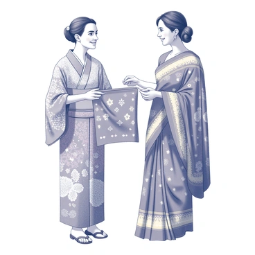 Two friends are standing together, each wearing their traditional clothing. One friend is dressed in a colorful kimono with intricate patterns, while the other is wearing a vibrant sari adorned with detailed embroidery. They are looking at each other with smiles as they exchange garments. The first friend holds out the kimono, and the second friend holds the sari, both displaying their outfits with pride. In the background, symbols and artifacts representative of their respective cultures are visible, highlighting the exchange of not just clothing but also stories and traditions.