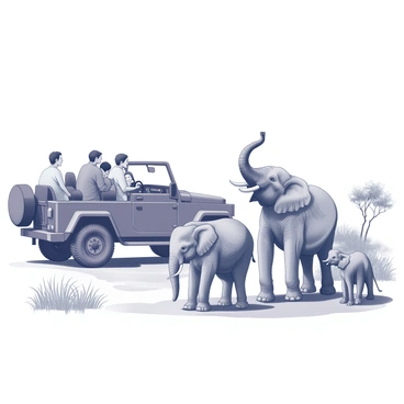 A jeep is parked on a dirt path in a vast, open landscape. Inside the jeep, several visitors are leaning forward, their faces filled with curiosity. In front of them, a family of elephants is gathered, consisting of a large adult elephant with big, flapping ears and two smaller elephants, one standing closely beside the other. The elephants have textured skin and are depicted in a natural pose, with one of the younger elephants playfully flapping its ears. Surrounding the scene are a few sparse trees and tall grasses, giving a sense of the wild environment. The sky is clear, emphasizing the openness of the landscape.